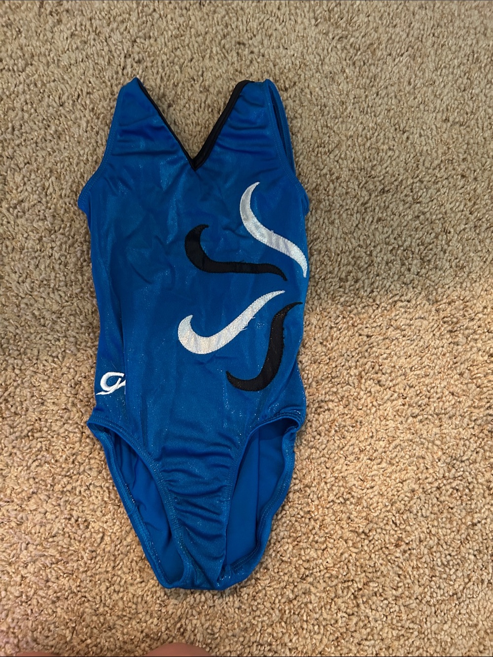 GK Blue Gymnastics Leotard with Black and Silver Swirl